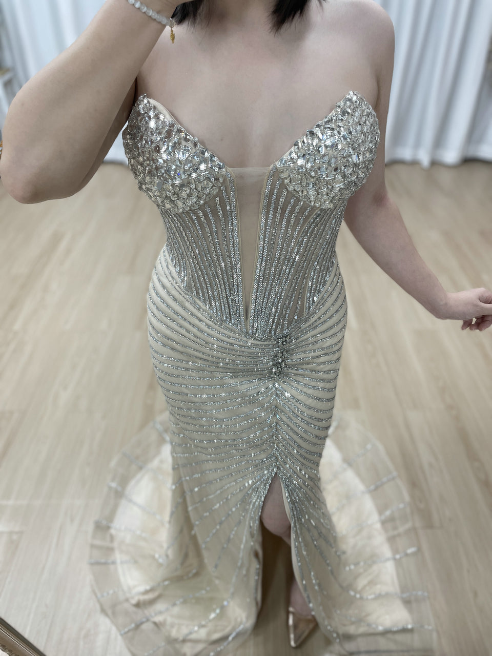Champagne Crystal Corset Evening Gown - Beaded Mermaid Prom Dress with High Slit MC20096