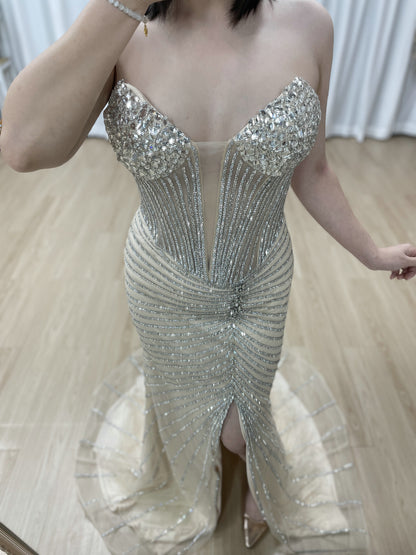 Champagne Crystal Corset Evening Gown - Beaded Mermaid Prom Dress with High Slit MC20096