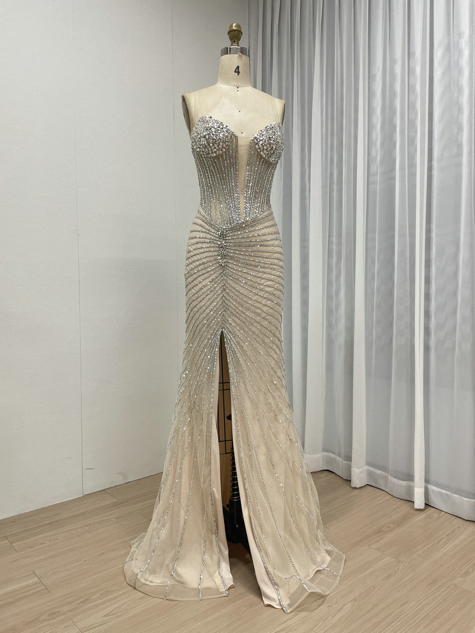 Champagne Crystal Corset Evening Gown - Beaded Mermaid Prom Dress with High Slit MC20096
