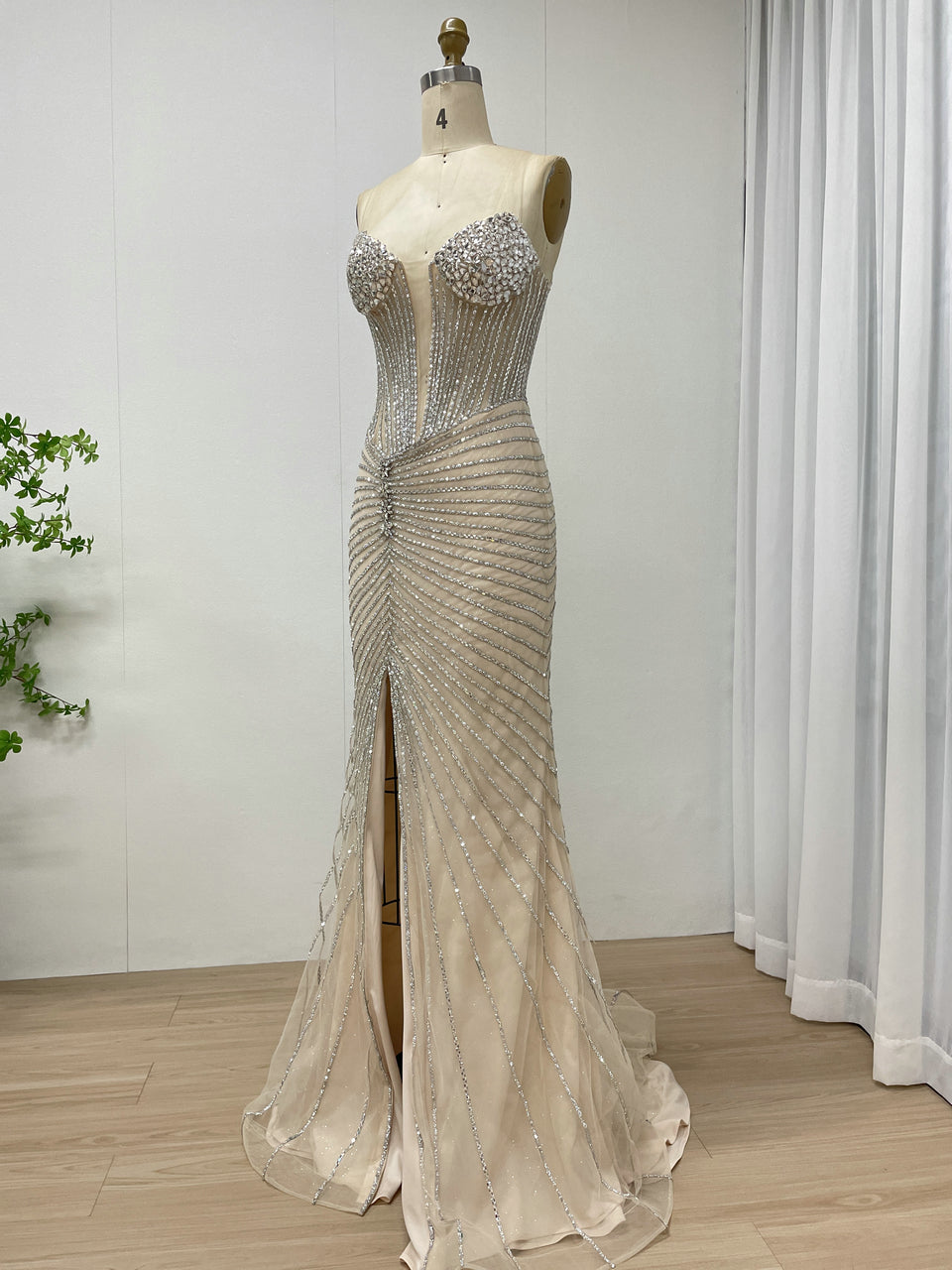 Champagne Crystal Corset Evening Gown - Beaded Mermaid Prom Dress with High Slit MC20096