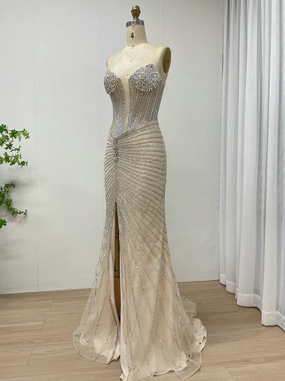 Champagne Crystal Corset Evening Gown - Beaded Mermaid Prom Dress with High Slit MC20096