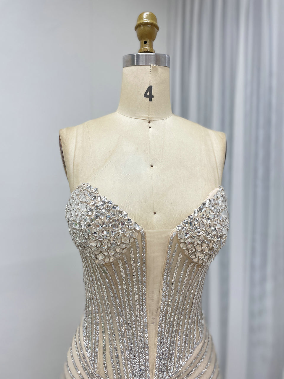 Champagne Crystal Corset Evening Gown - Beaded Mermaid Prom Dress with High Slit MC20096