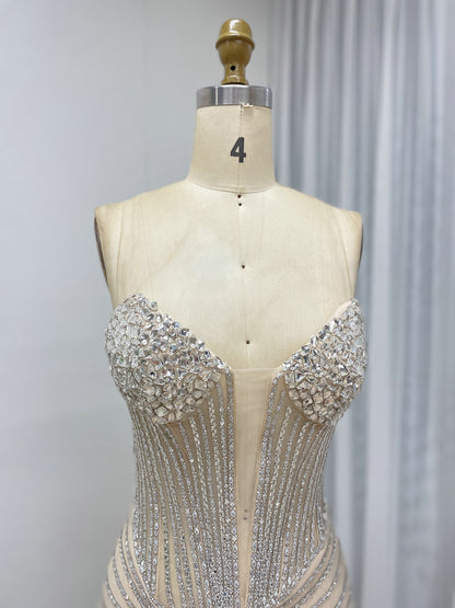 Champagne Crystal Corset Evening Gown - Beaded Mermaid Prom Dress with High Slit MC20096