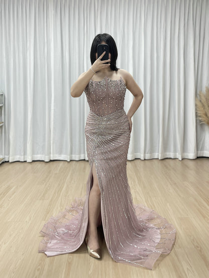Pink Beaded Mermaid Evening Gown - Glamorous Prom & Formal Dress MC20097