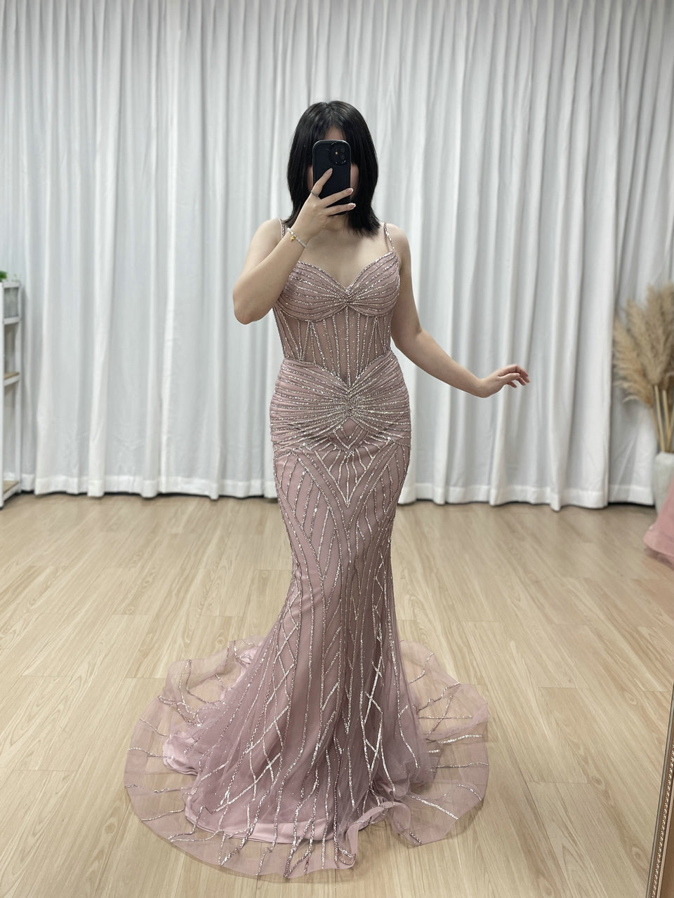 Luxury Pink Beaded Mermaid Prom Dress – Sheer Corset Evening Gown MC20098