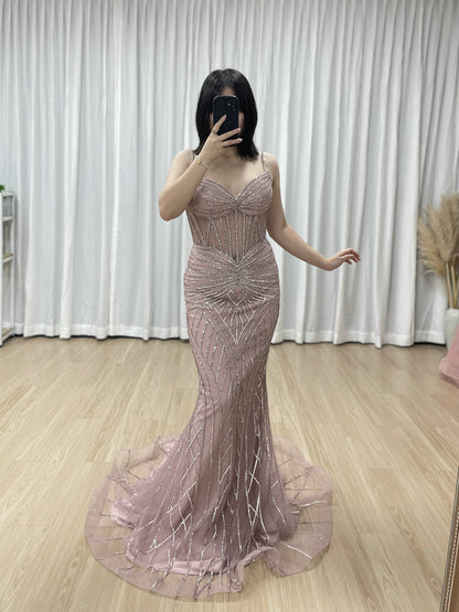 Luxury Pink Beaded Mermaid Prom Dress – Sheer Corset Evening Gown MC20098
