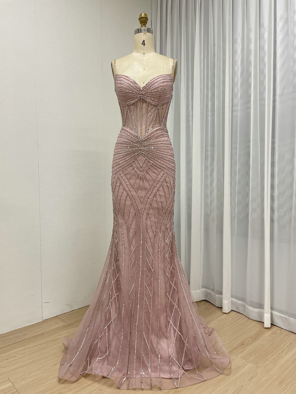 Luxury Pink Beaded Mermaid Prom Dress – Sheer Corset Evening Gown MC20098
