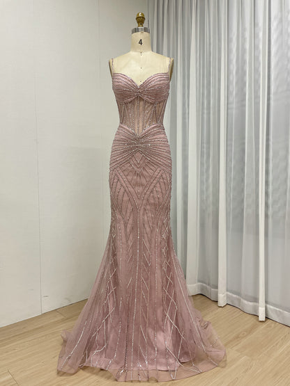 Luxury Pink Beaded Mermaid Prom Dress – Sheer Corset Evening Gown MC20098