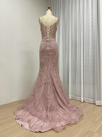 Luxury Pink Beaded Mermaid Prom Dress – Sheer Corset Evening Gown MC20098