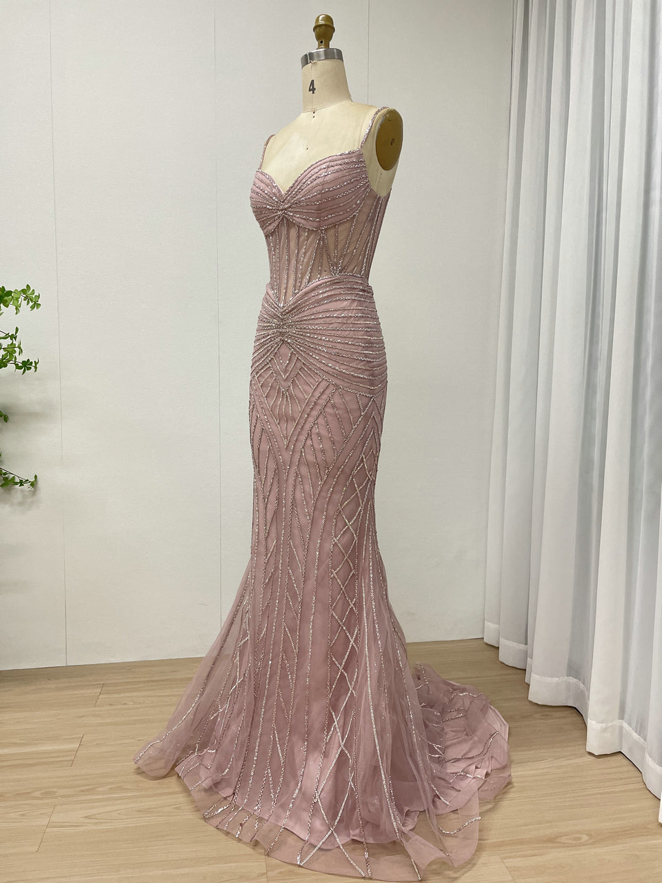 Luxury Pink Beaded Mermaid Prom Dress – Sheer Corset Evening Gown MC20098