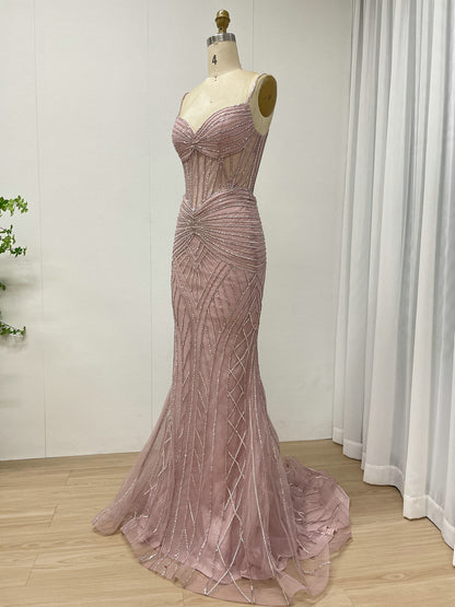 Luxury Pink Beaded Mermaid Prom Dress – Sheer Corset Evening Gown MC20098