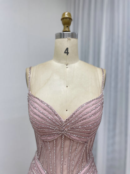 Luxury Pink Beaded Mermaid Prom Dress – Sheer Corset Evening Gown MC20098