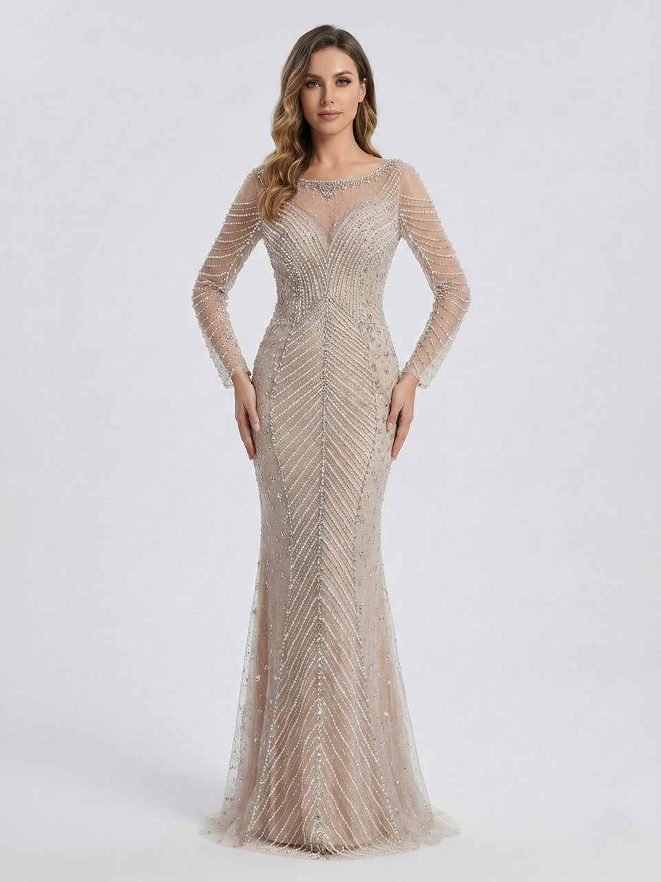 Champagne Long Sleeve Beaded Mermaid Evening Gown - Elegant Formal Dress MC20099