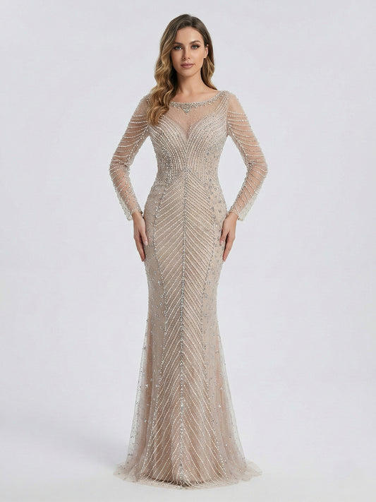 Champagne Long Sleeve Beaded Mermaid Evening Gown - Elegant Formal Dress MC20099