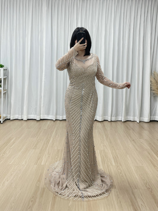 Champagne Long Sleeve Beaded Mermaid Evening Gown - Elegant Formal Dress MC20099