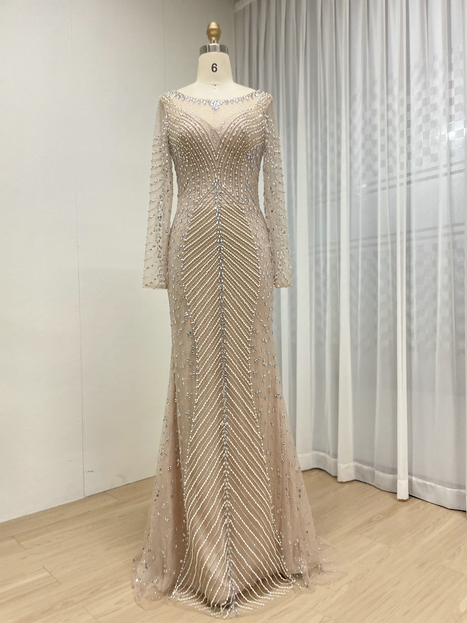 Champagne Long Sleeve Beaded Mermaid Evening Gown - Elegant Formal Dress MC20099