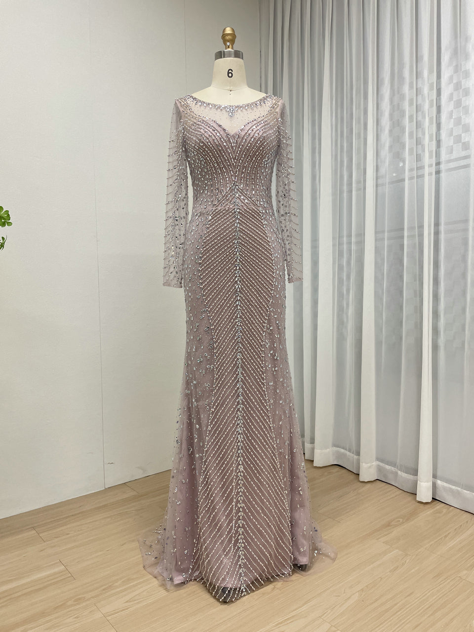 Champagne Long Sleeve Beaded Mermaid Evening Gown - Elegant Formal Dress MC20099