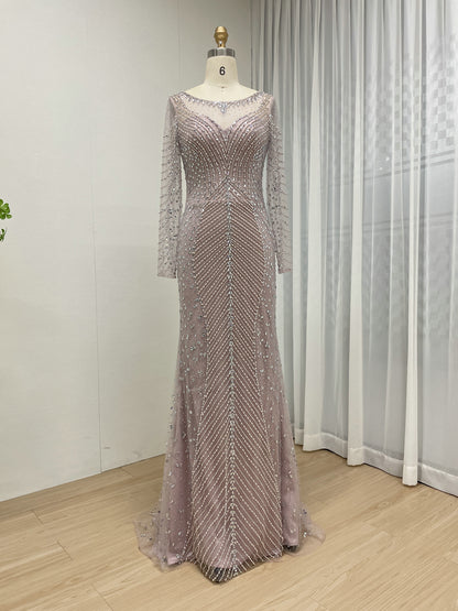 Champagne Long Sleeve Beaded Mermaid Evening Gown - Elegant Formal Dress MC20099