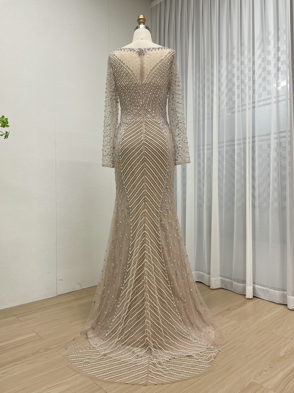 Champagne Long Sleeve Beaded Mermaid Evening Gown - Elegant Formal Dress MC20099