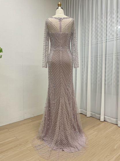 Champagne Long Sleeve Beaded Mermaid Evening Gown - Elegant Formal Dress MC20099