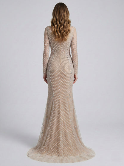 Champagne Long Sleeve Beaded Mermaid Evening Gown - Elegant Formal Dress MC20099