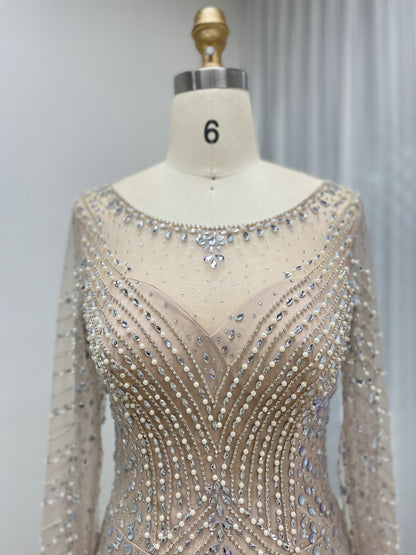 Champagne Long Sleeve Beaded Mermaid Evening Gown - Elegant Formal Dress MC20099
