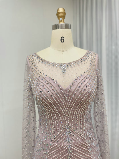 Champagne Long Sleeve Beaded Mermaid Evening Gown - Elegant Formal Dress MC20099