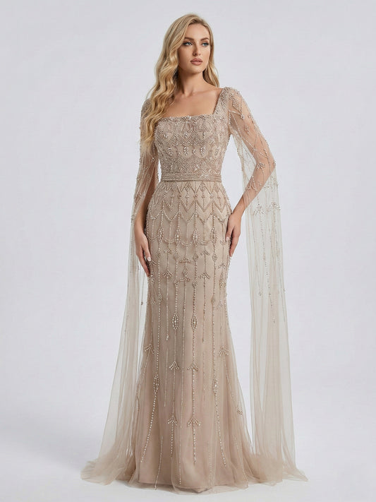Caramel Beaded Mermaid Evening Gown with Sheer Cape Sleeves MC20100