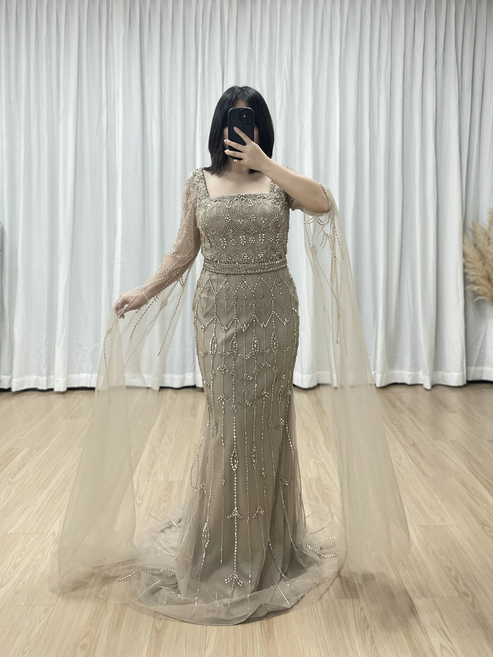 Caramel Beaded Mermaid Evening Gown with Sheer Cape Sleeves MC20100