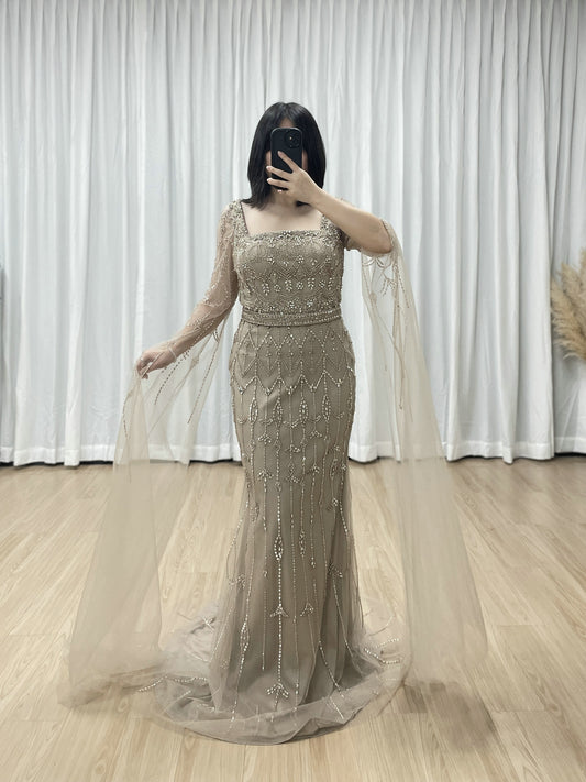 Caramel Beaded Mermaid Evening Gown with Sheer Cape Sleeves MC20100