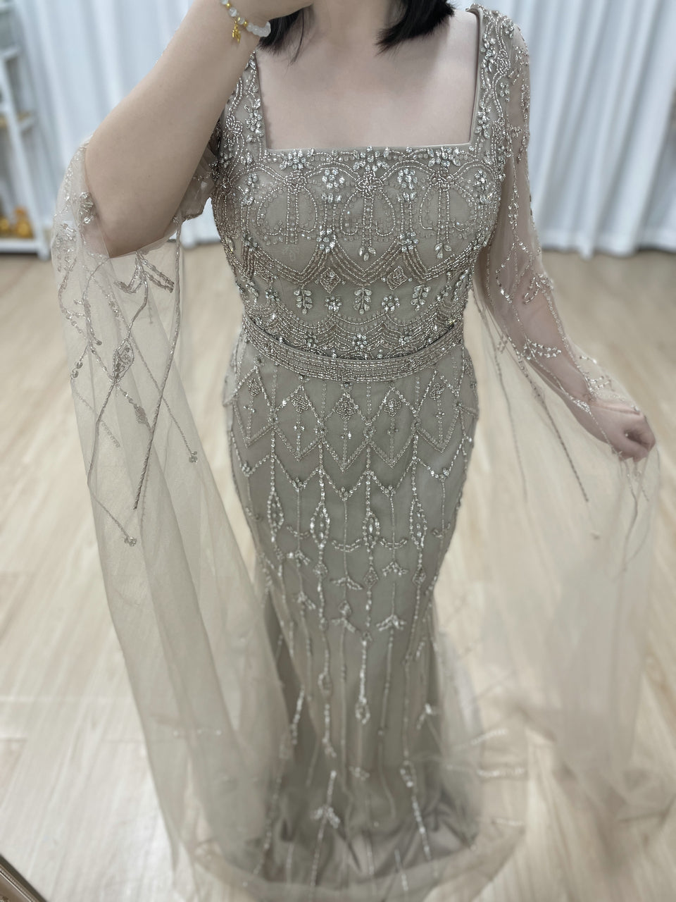 Caramel Beaded Mermaid Evening Gown with Sheer Cape Sleeves MC20100