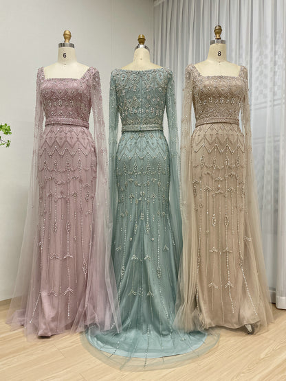 Caramel Beaded Mermaid Evening Gown with Sheer Cape Sleeves MC20100