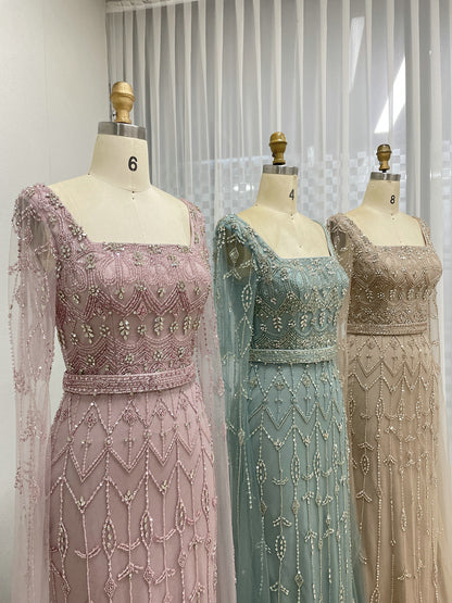 Caramel Beaded Mermaid Evening Gown with Sheer Cape Sleeves MC20100