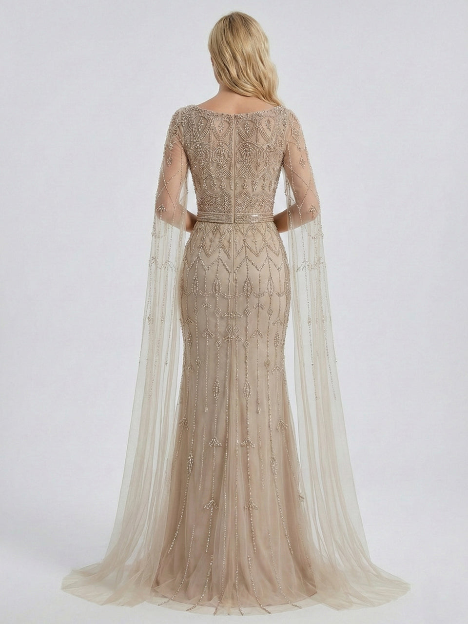 Caramel Beaded Mermaid Evening Gown with Sheer Cape Sleeves MC20100