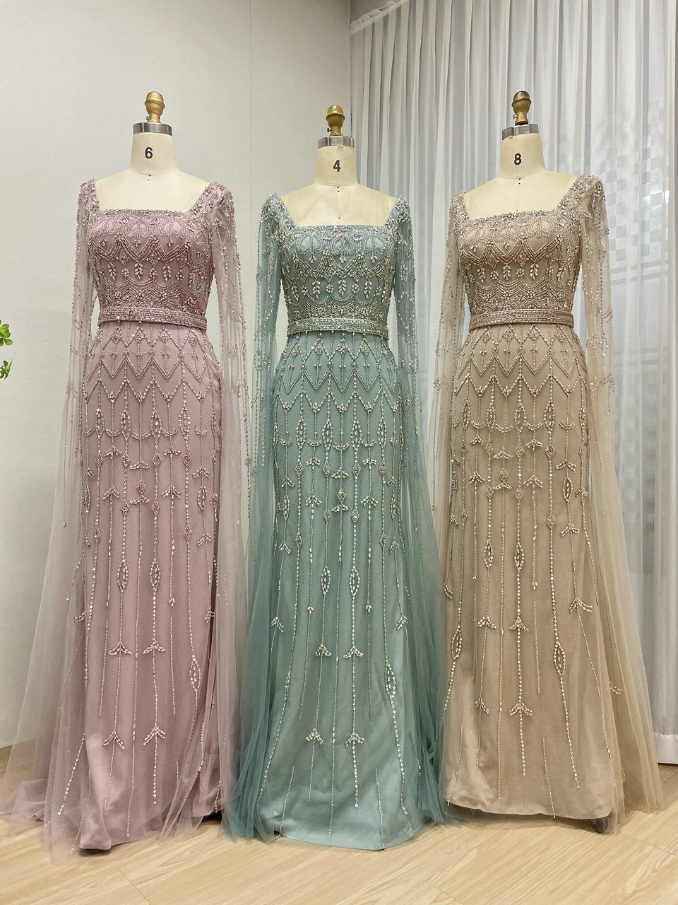 Caramel Beaded Mermaid Evening Gown with Sheer Cape Sleeves MC20100