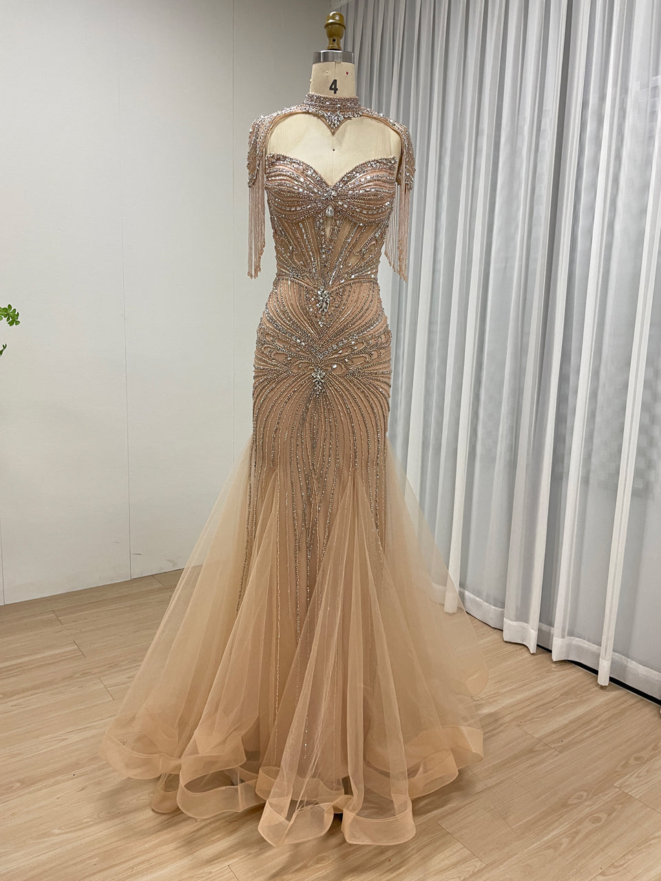 Luxury Beaded Mermaid Evening Gown - Pink Rhinestone Choker & Fringe Sleeves MC20101