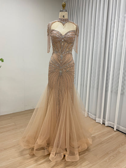 Luxury Beaded Mermaid Evening Gown - Pink Rhinestone Choker & Fringe Sleeves MC20101