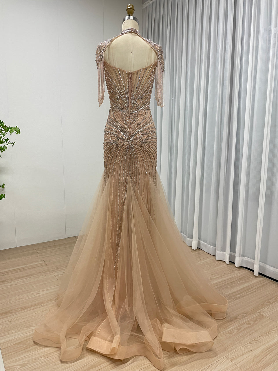 Luxury Beaded Mermaid Evening Gown - Pink Rhinestone Choker & Fringe Sleeves MC20101