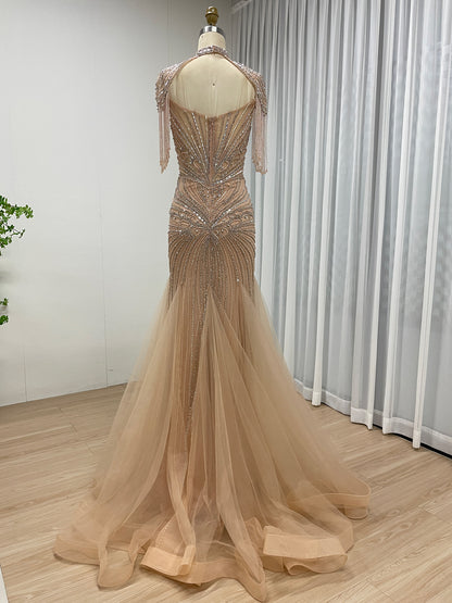 Luxury Beaded Mermaid Evening Gown - Pink Rhinestone Choker & Fringe Sleeves MC20101