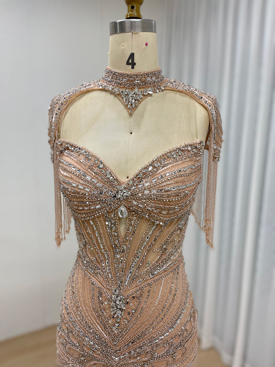 Luxury Beaded Mermaid Evening Gown - Pink Rhinestone Choker & Fringe Sleeves MC20101
