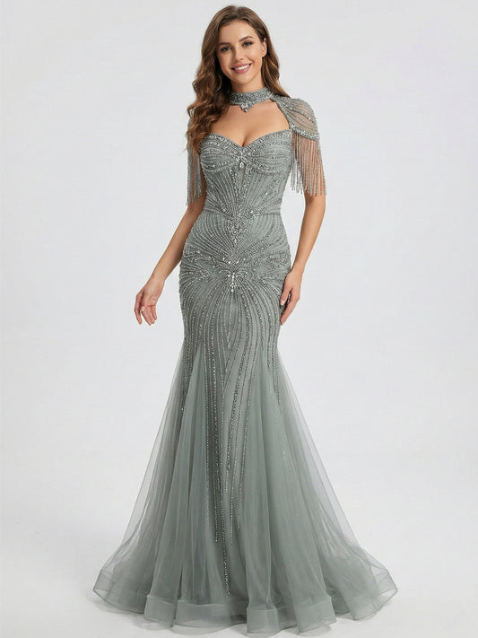 Luxury Beaded Mermaid Evening Gown - Pink Rhinestone Choker & Fringe Sleeves MC20101