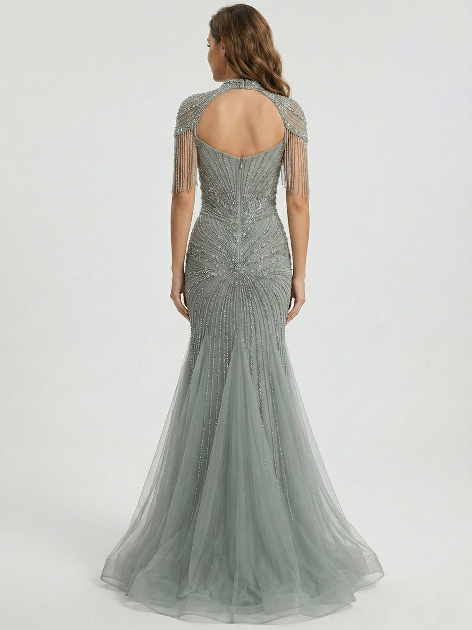 Luxury Beaded Mermaid Evening Gown - Pink Rhinestone Choker & Fringe Sleeves MC20101