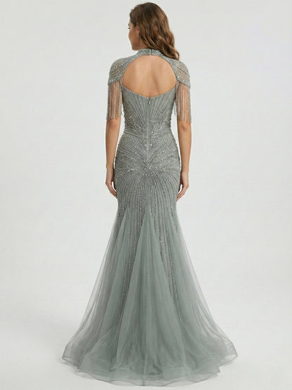 Luxury Beaded Mermaid Evening Gown - Pink Rhinestone Choker & Fringe Sleeves MC20101
