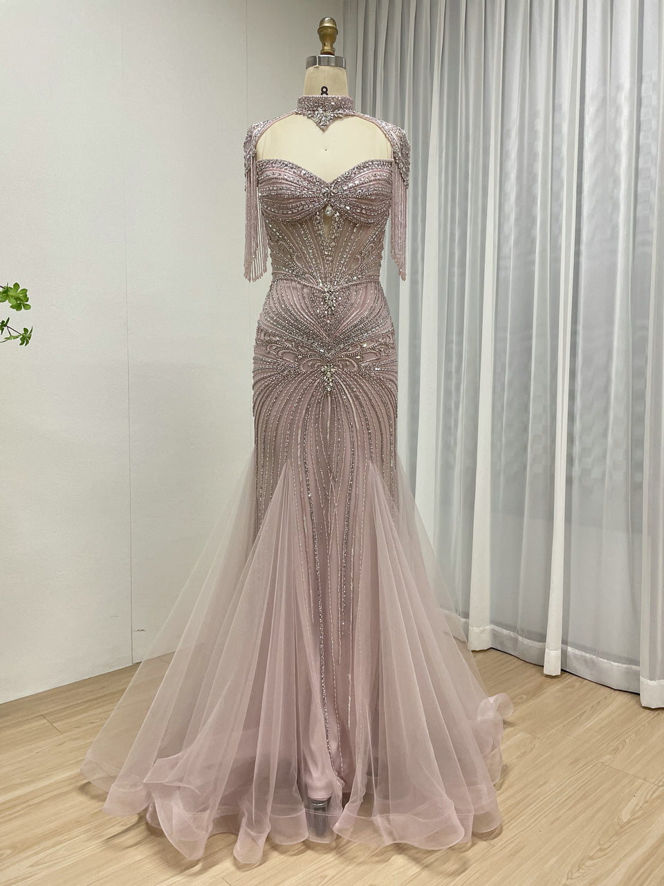 Luxury Beaded Mermaid Evening Gown - Pink Rhinestone Choker & Fringe Sleeves MC20101