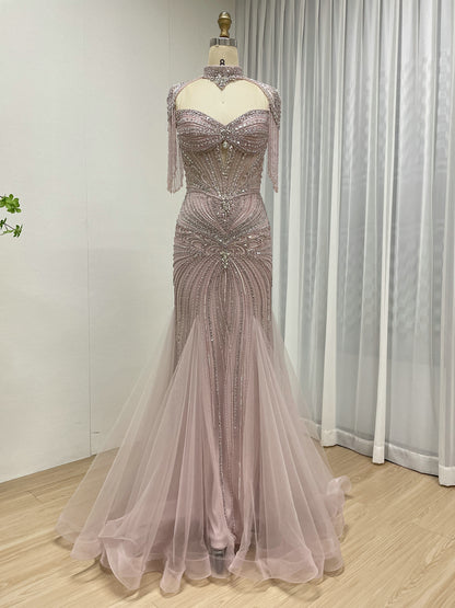 Luxury Beaded Mermaid Evening Gown - Pink Rhinestone Choker & Fringe Sleeves MC20101