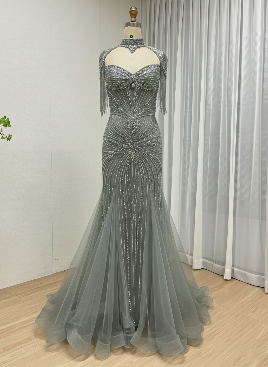 Luxury Beaded Mermaid Evening Gown - Pink Rhinestone Choker & Fringe Sleeves MC20101