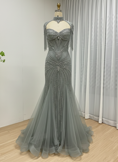 Luxury Beaded Mermaid Evening Gown - Pink Rhinestone Choker & Fringe Sleeves MC20101
