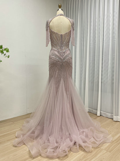 Luxury Beaded Mermaid Evening Gown - Pink Rhinestone Choker & Fringe Sleeves MC20101