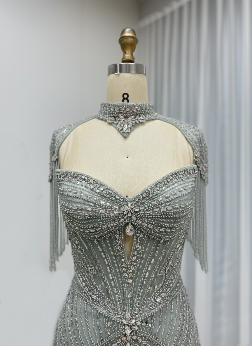 Luxury Beaded Mermaid Evening Gown - Pink Rhinestone Choker & Fringe Sleeves MC20101