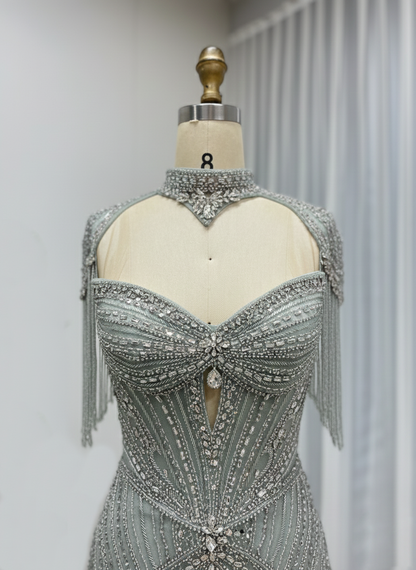 Luxury Beaded Mermaid Evening Gown - Pink Rhinestone Choker & Fringe Sleeves MC20101